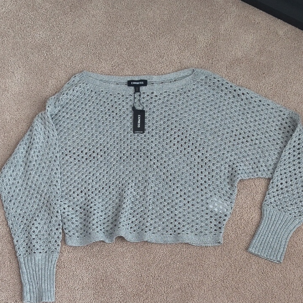 Express Light Gray Open-Knit Cropped Crewneck Sweater Size Small